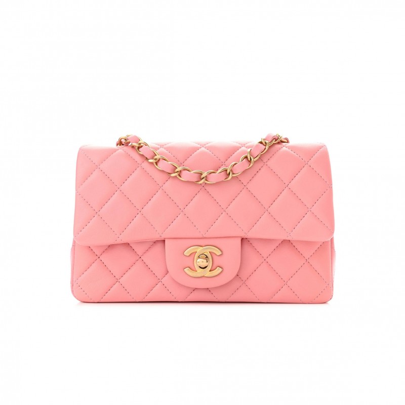 CHANEL LAMBSKIN QUILTED MINI RECTANGULAR FLAP PINK GOLD HARDWARE (20*11*6cm)