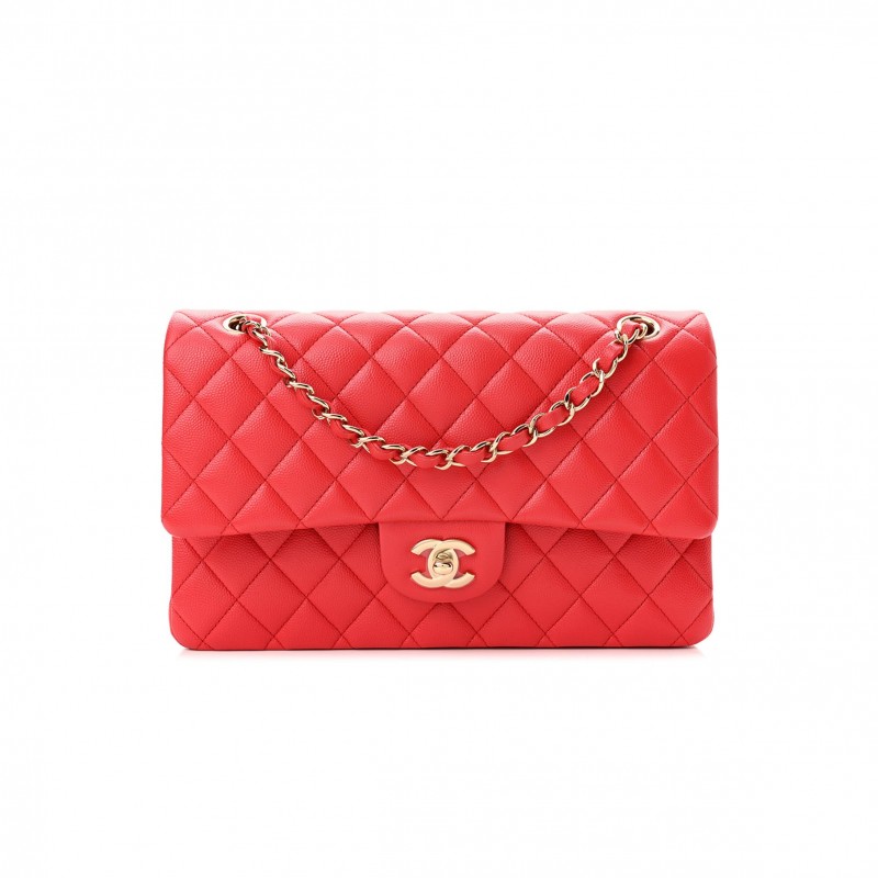 CHANEL CAVIAR QUILTED MEDIUM DOUBLE FLAP RED GOLD HARDWARE (25*17*6cm)