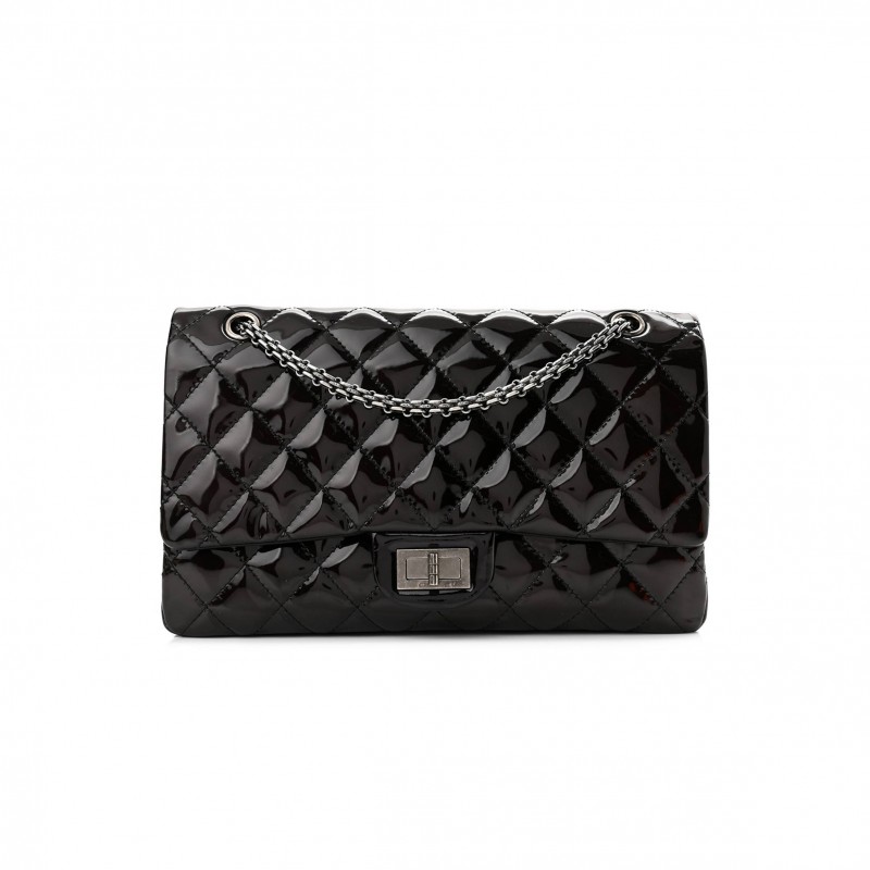 CHANEL PATENT QUILTED 2.55 REISSUE 227 FLAP PRUNE SILVER HARDWARE (30*19*10cm)