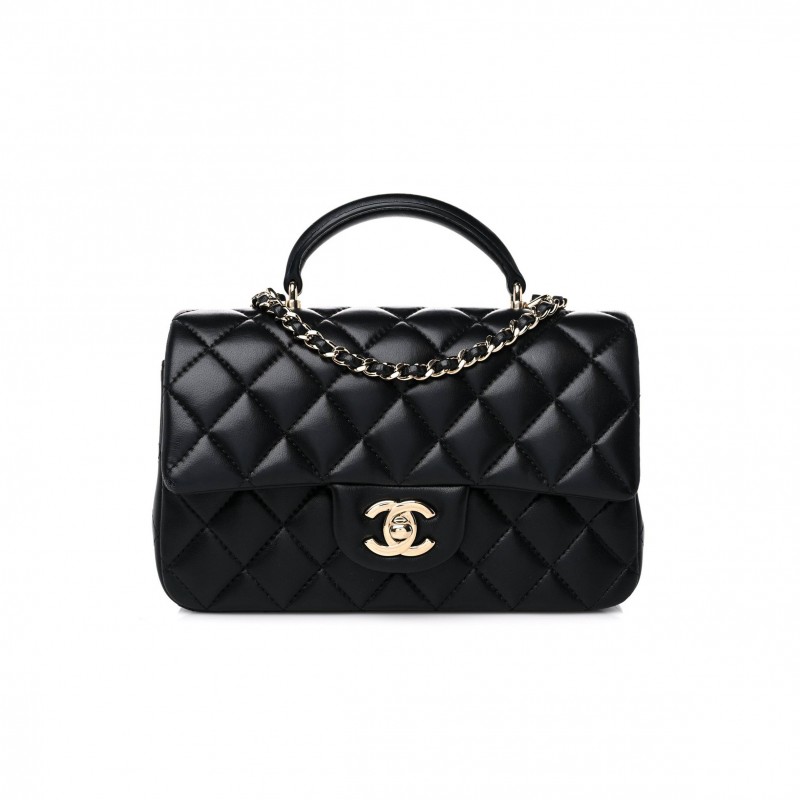 CHANEL LAMBSKIN QUILTED MINI TOP HANDLE RECTANGULAR FLAP BLACK ROSE GOLD HARDWARE0 (20*13*6cm) CHANEL LAMBSKIN QUILTED MINI TOP HANDLE RECTANGULAR FLAP BLACK ROSE GOLD HARDWARE0 (20*13*6cm)