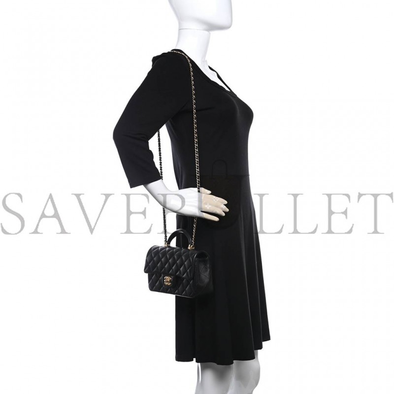 CHANEL LAMBSKIN QUILTED MINI TOP HANDLE RECTANGULAR FLAP BLACK ROSE GOLD HARDWARE0 (20*13*6cm) CHANEL LAMBSKIN QUILTED MINI TOP HANDLE RECTANGULAR FLAP BLACK ROSE GOLD HARDWARE0 (20*13*6cm)