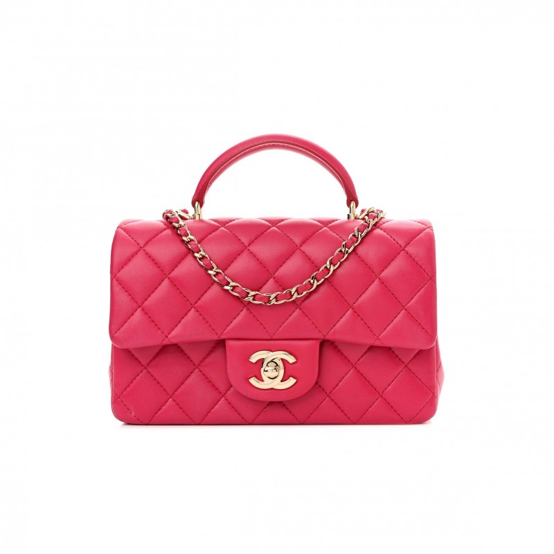 CHANEL LAMBSKIN QUILTED MINI TOP HANDLE RECTANGULAR FLAP DARK PINK ROSE GOLD HARDWARE (19*13*7cm)