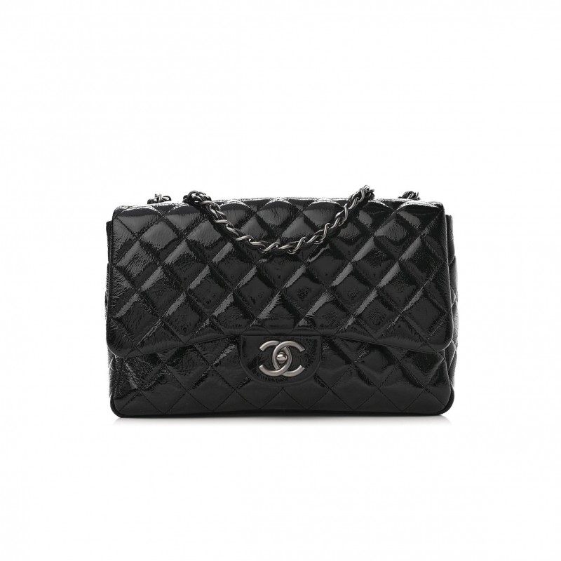 CHANEL CRINKLED PATENT QUILTED JUMBO SINGLE FLAP BLACK SILVER HARDWARE (30*18*8cm) CHANEL CRINKLED PATENT QUILTED JUMBO SINGLE FLAP BLACK SILVER HARDWARE (30*18*8cm)