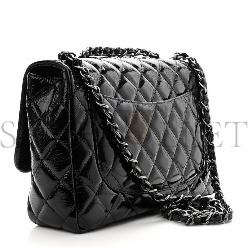 CHANEL CRINKLED PATENT QUILTED JUMBO SINGLE FLAP BLACK SILVER HARDWARE (30*18*8cm) CHANEL CRINKLED PATENT QUILTED JUMBO SINGLE FLAP BLACK SILVER HARDWARE (30*18*8cm)