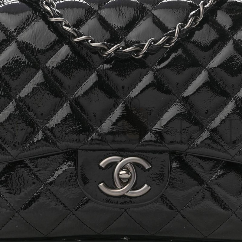 CHANEL CRINKLED PATENT QUILTED JUMBO SINGLE FLAP BLACK SILVER HARDWARE (30*18*8cm) CHANEL CRINKLED PATENT QUILTED JUMBO SINGLE FLAP BLACK SILVER HARDWARE (30*18*8cm)