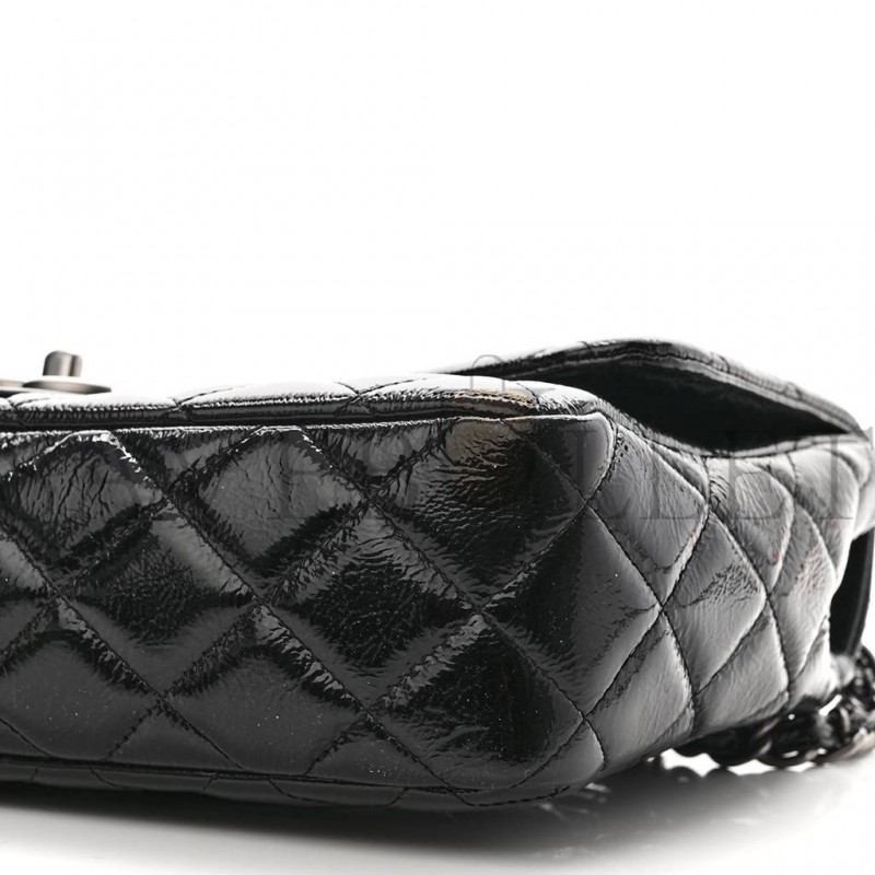 CHANEL CRINKLED PATENT QUILTED JUMBO SINGLE FLAP BLACK SILVER HARDWARE (30*18*8cm) CHANEL CRINKLED PATENT QUILTED JUMBO SINGLE FLAP BLACK SILVER HARDWARE (30*18*8cm)