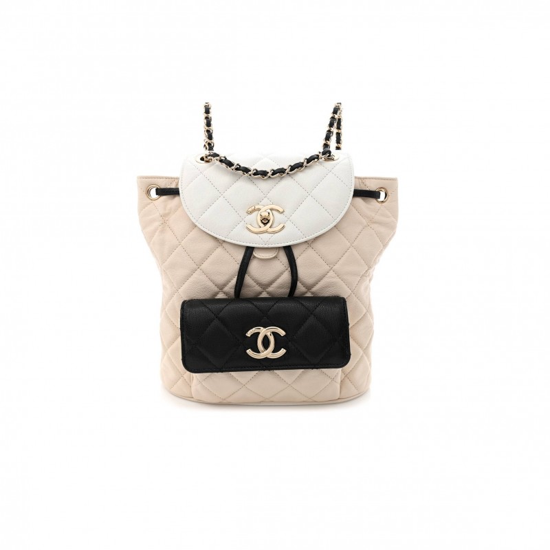 CHANEL GOATSKIN QUILTED DUMA DRAWSTRING BACKPACK BEIGE BLACK WHITE ROSE GOLD HARDWARE (23*22*12cm) CHANEL GOATSKIN QUILTED DUMA DRAWSTRING BACKPACK BEIGE BLACK WHITE ROSE GOLD HARDWARE (23*22*12cm)