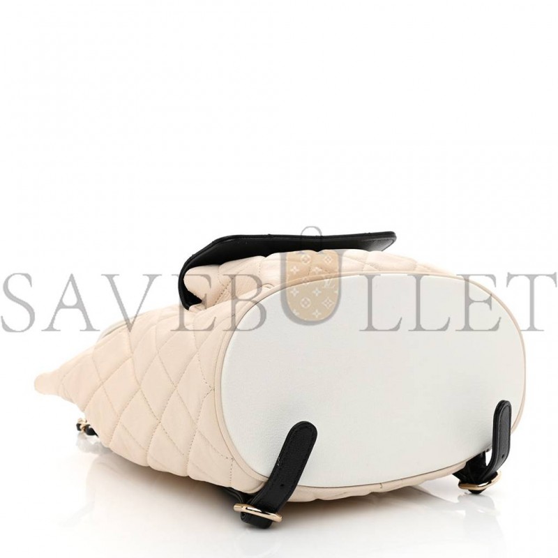 CHANEL GOATSKIN QUILTED DUMA DRAWSTRING BACKPACK BEIGE BLACK WHITE ROSE GOLD HARDWARE (23*22*12cm) CHANEL GOATSKIN QUILTED DUMA DRAWSTRING BACKPACK BEIGE BLACK WHITE ROSE GOLD HARDWARE (23*22*12cm)