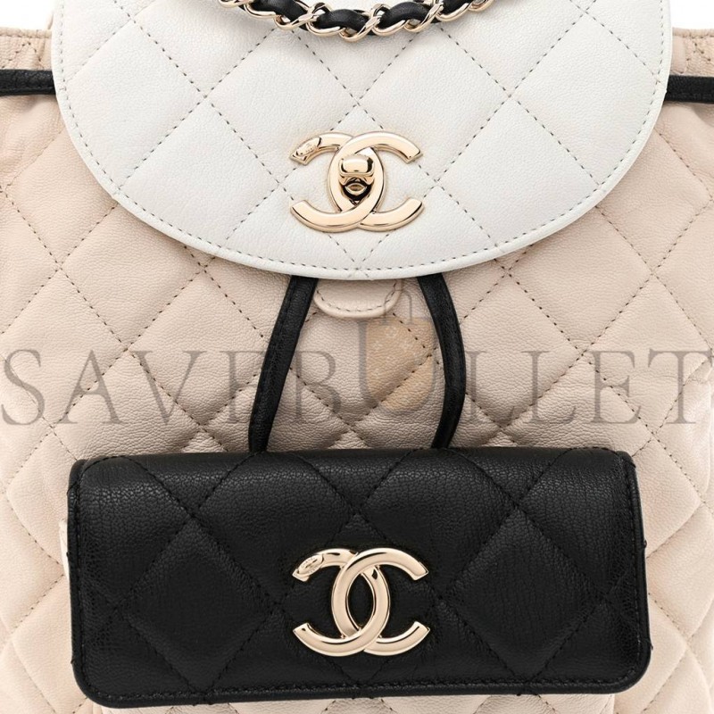 CHANEL GOATSKIN QUILTED DUMA DRAWSTRING BACKPACK BEIGE BLACK WHITE ROSE GOLD HARDWARE (23*22*12cm) CHANEL GOATSKIN QUILTED DUMA DRAWSTRING BACKPACK BEIGE BLACK WHITE ROSE GOLD HARDWARE (23*22*12cm)