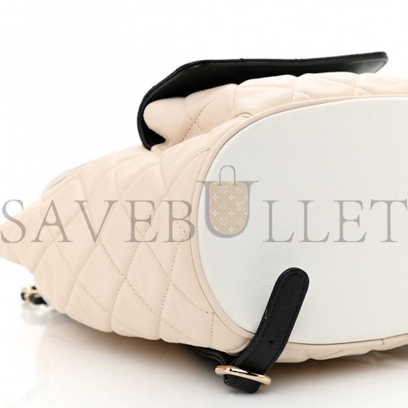 CHANEL GOATSKIN QUILTED DUMA DRAWSTRING BACKPACK BEIGE BLACK WHITE ROSE GOLD HARDWARE (23*22*12cm) CHANEL GOATSKIN QUILTED DUMA DRAWSTRING BACKPACK BEIGE BLACK WHITE ROSE GOLD HARDWARE (23*22*12cm)