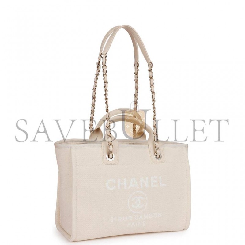 CHANEL SMALL DEAUVILLE SHOPPING BAG WHITE BOUCLE LIGHT GOLD HARDWARE (34*27*15cm)