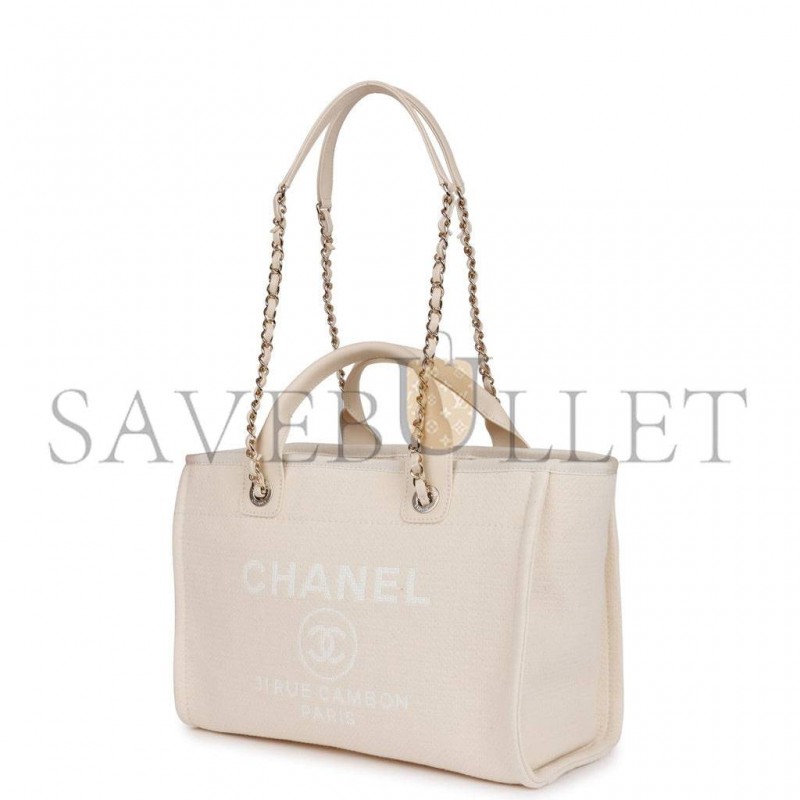 CHANEL SMALL DEAUVILLE SHOPPING BAG WHITE BOUCLE LIGHT GOLD HARDWARE (34*27*15cm)