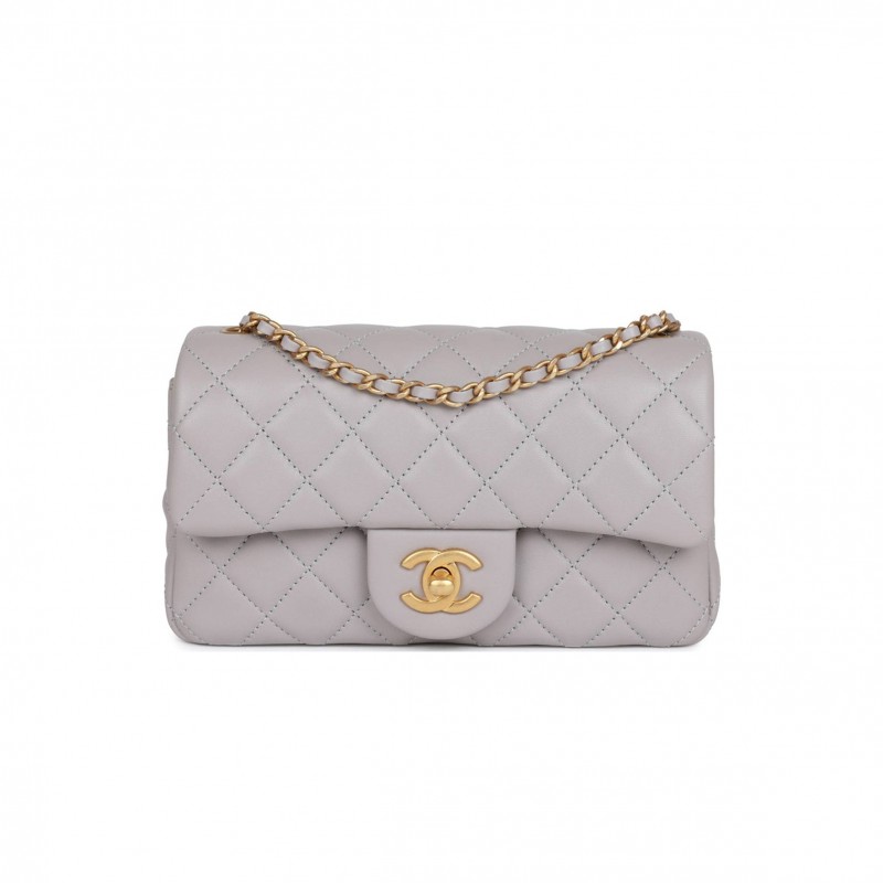 CHANEL PEARL CRUSH MINI RECTANGULAR FLAP BAG LIGHT GREY LAMBSKIN ANTIQUE GOLD HARDWARE (20*13*6cm)