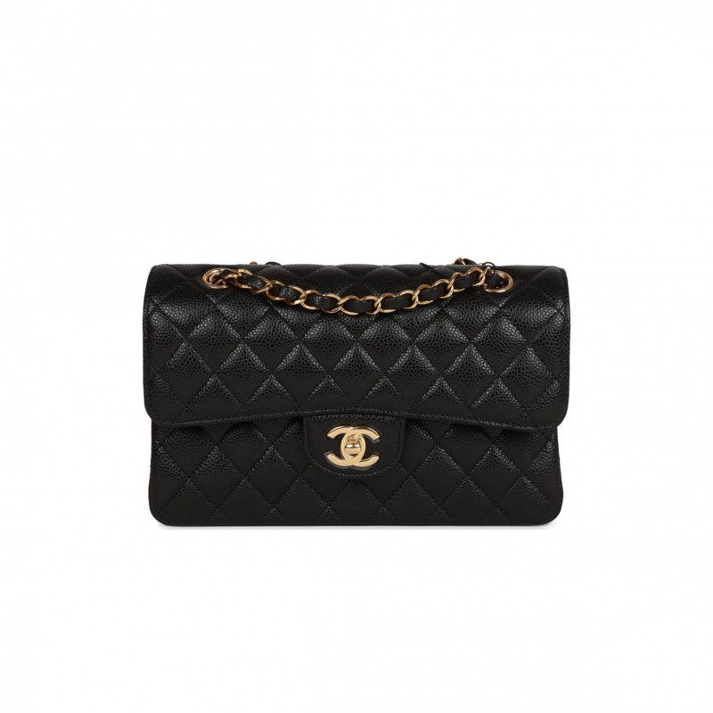 CHANEL SMALL CLASSIC DOUBLE FLAP BLACK CAVIAR GOLD HARDWARE (23*13*6cm)