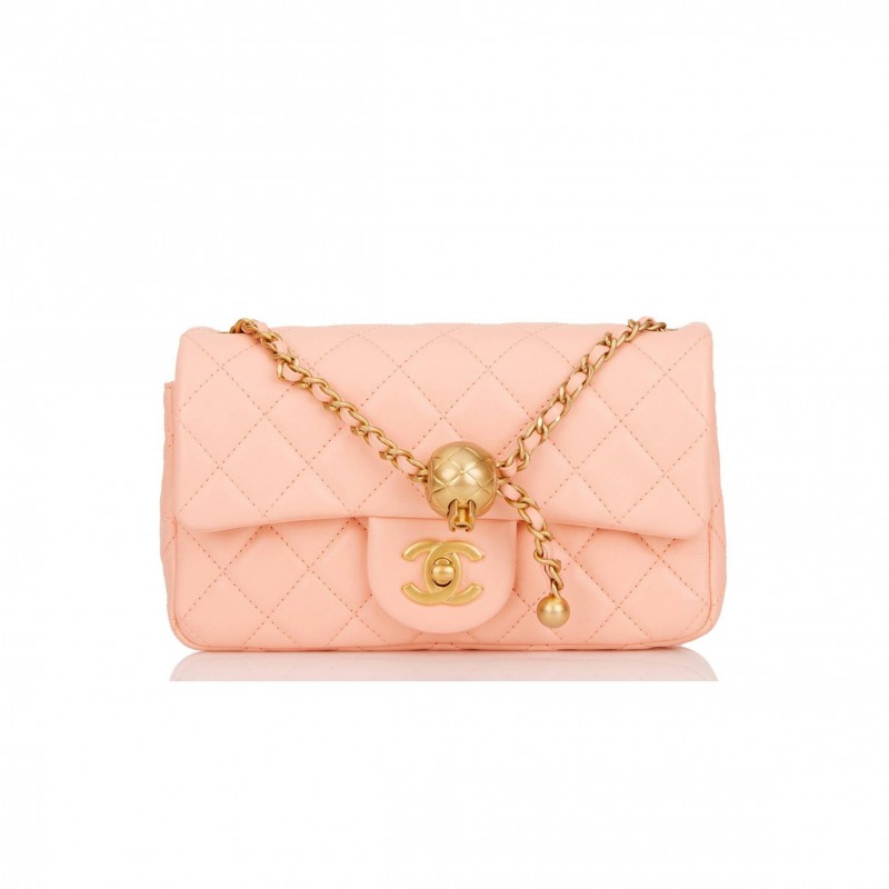 CHANEL PEARL CRUSH MINI RECTANGULAR FLAP BAG PEACH LAMBSKIN ANTIQUE GOLD HARDWARE (20*13*6cm)