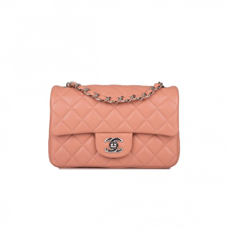 CHANEL MINI RECTANGULAR FLAP BAG ROSE LAMBSKIN SILVER HARDWARE (20*13*6cm)