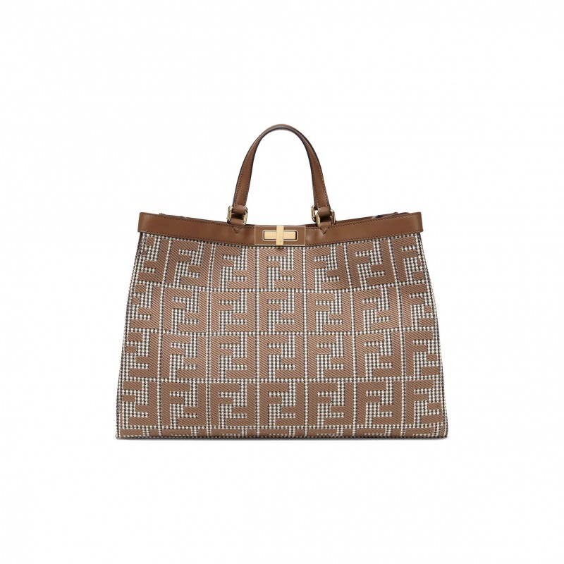 FENDI X-TOTE - BROWN HOUNDSTOOTH WOOL SHOPPER WITH FF EMBROIDERY 8BH374AKRZF1IRG (41*29.5*16cm)