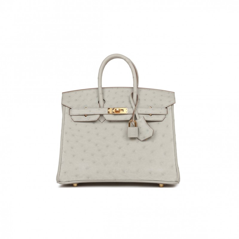 HERMES BIRKIN 25 GRIS PERLE OSTRICH GOLD HARDWARE HANDMADE (25cm) HERMES BIRKIN 25 GRIS PERLE OSTRICH GOLD HARDWARE HANDMADE (25cm)