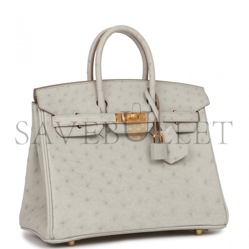 HERMES BIRKIN 25 GRIS PERLE OSTRICH GOLD HARDWARE HANDMADE (25cm) HERMES BIRKIN 25 GRIS PERLE OSTRICH GOLD HARDWARE HANDMADE (25cm)