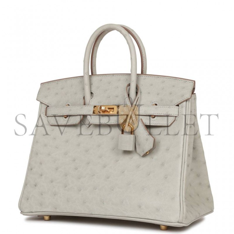 HERMES BIRKIN 25 GRIS PERLE OSTRICH GOLD HARDWARE HANDMADE (25cm) HERMES BIRKIN 25 GRIS PERLE OSTRICH GOLD HARDWARE HANDMADE (25cm)