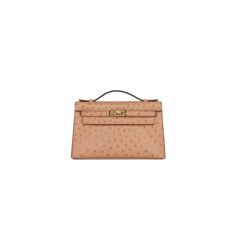 HERMES KELLY POCHETTE CHAI OSTRICH GOLD HARDWARE (22*12*13cm) HERMES KELLY POCHETTE CHAI OSTRICH GOLD HARDWARE (22*12*13cm)