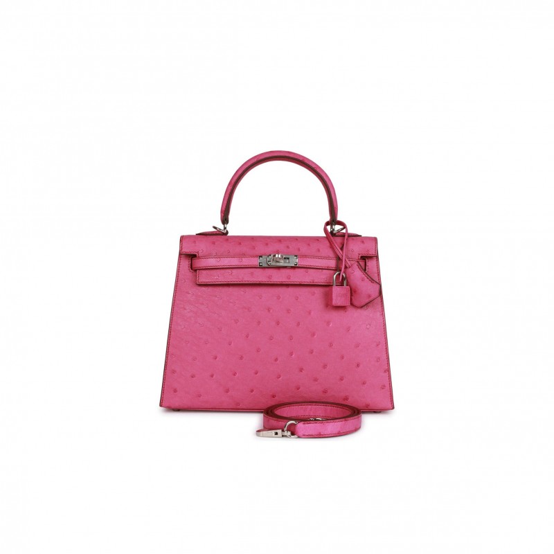 HERMES KELLY SELLIER 25 FUCHSIA OSTRICH PALLADIUM HARDWARE (25*17*7cm) HERMES KELLY SELLIER 25 FUCHSIA OSTRICH PALLADIUM HARDWARE (25*17*7cm)