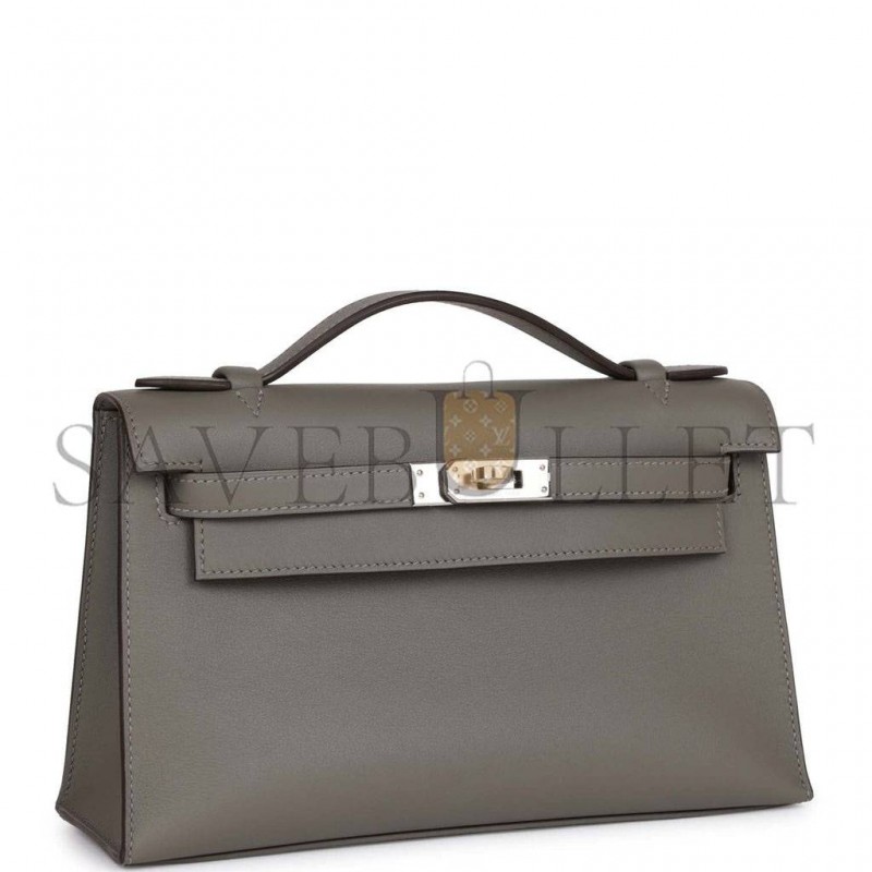 HERMES MINI KELLY POCHETTE GRIS MEYER SWIFT PALLADIUM HARDWARE  (22*14*7cm)