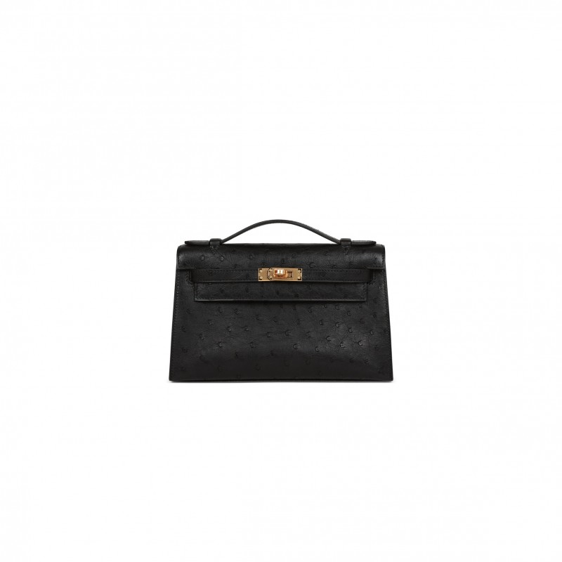 HERMES KELLY POCHETTE BLACK OSTRICH GOLD HARDWARE   (22*12*13cm)