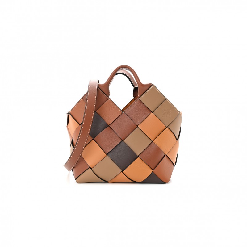 LOEWE CALFSKIN SMALL WOVEN BASKET SURPLUS BAG BROWN (23*22*15cm)