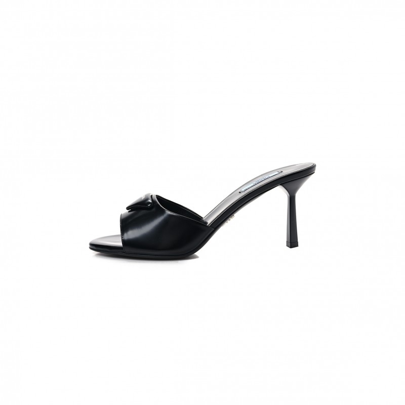 PRADA SPAZZOLATO LOGO 75MM SLIDE SANDALS 40 BLACK