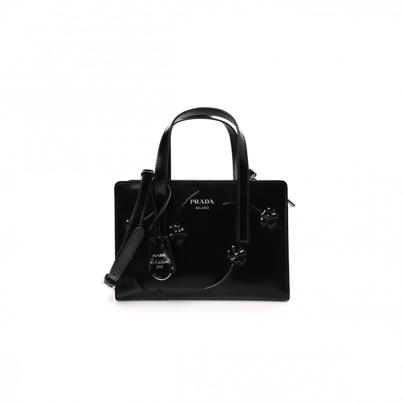 PRADA BRUSHED CALFSKIN FLORAL MINI RE-EDITION 1995 TOTE BLACK (22*15*7cm)