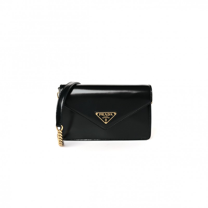 PRADA BRUSHED CALFSKIN ENVELOPE CHAIN CROSSBODY FLAP BLACK (19*13*5cm)