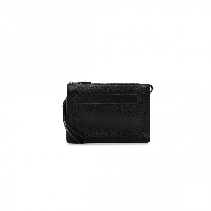 PRADA VITELLO DAINO WRISTLET POUCH BLACK (25*18*5cm)