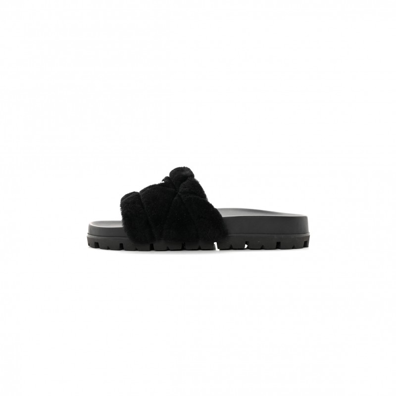 PRADA SHEARLING METAL TRIANGLE LOGO LUG SOLE 20MM SLIDE SANDALS 41 BLACK