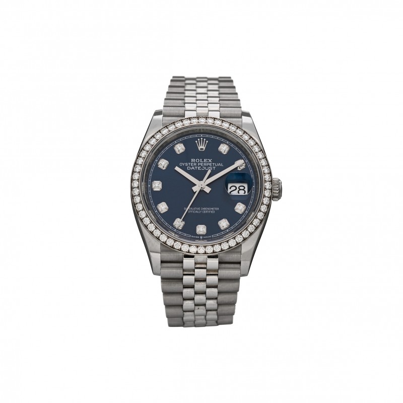 ROLEX STAINLESS STEEL 18K WHITE GOLD DIAMOND BEZEL 36MM OYSTER PERPETUAL DATEJUST WATCH BLUE 126284RBR