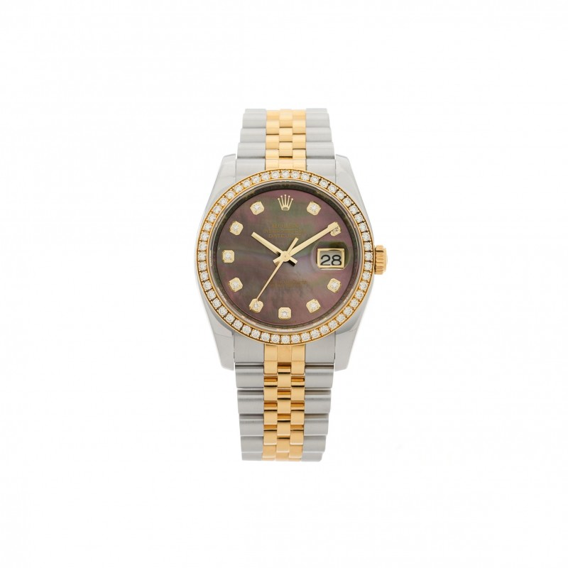 ROLEX STAINLESS STEEL 18K YELLOW GOLD DIAMOND BLACK MOTHER OF PEARL 36MM OYSTER PERPETUAL DATEJUST WATCH 116243