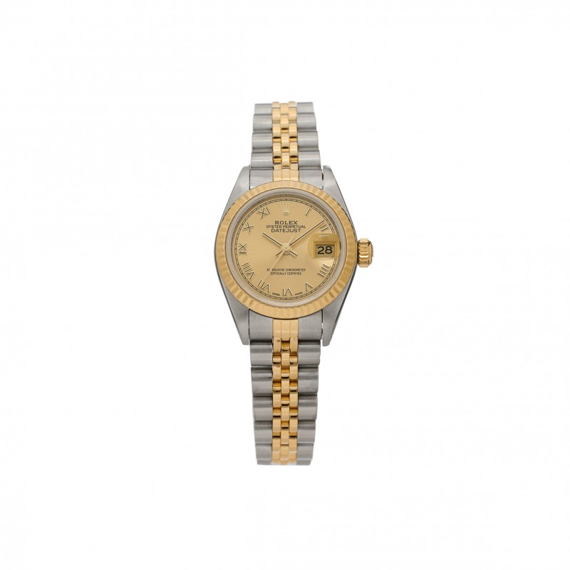 ROLEX STAINLESS STEEL 18K YELLOW GOLD 26MM OYSTER PERPETUAL DATEJUST WATCH CHAMPAGNE ROMAN 69173