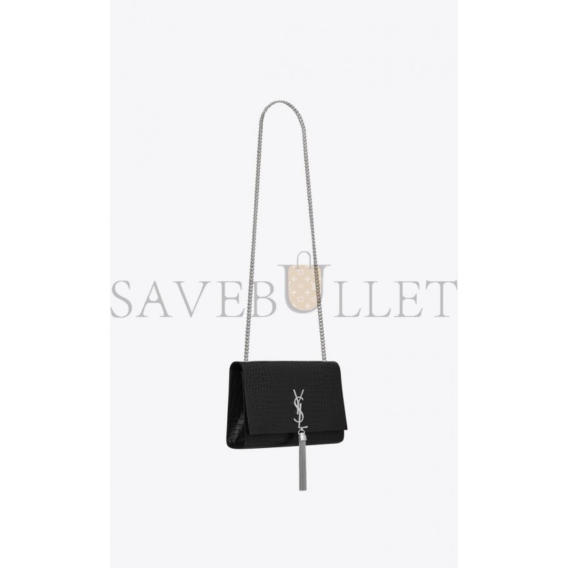 YSL KATE MEDIUM CHAIN BAG WITH TASSEL IN EMBOSSED CROCODILE SHINY LEATHER 354119DND0N1000 (24*14.5*5.5cm)