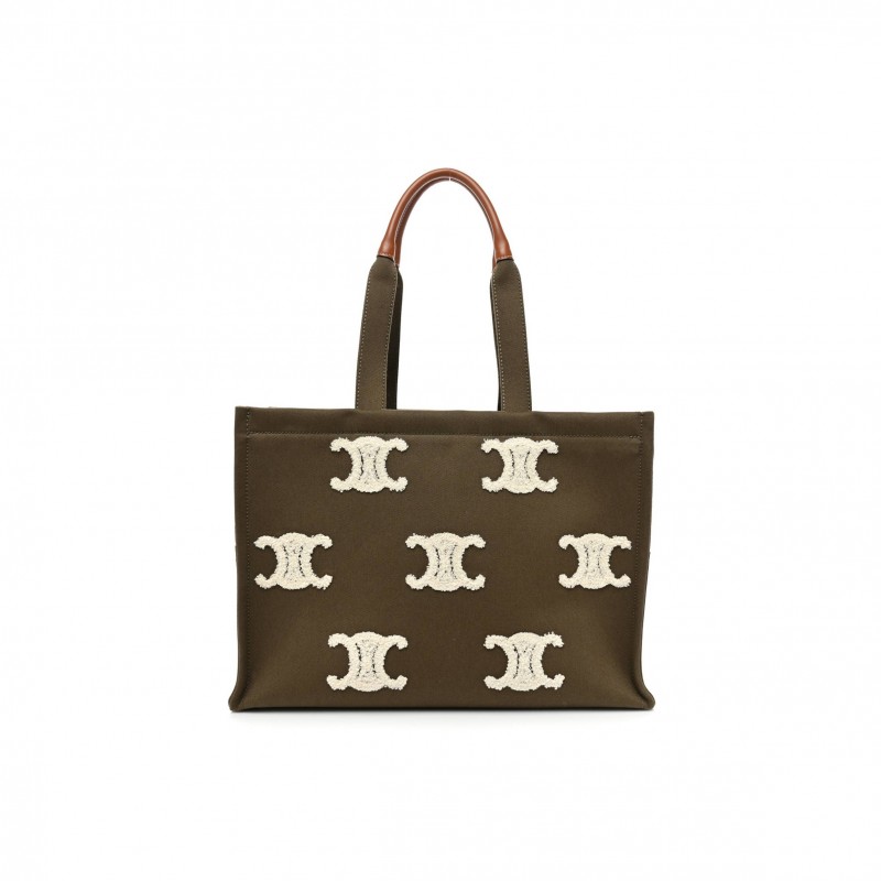 CELINE CANVAS CALFSKIN EMBROIDERED TRIOMPHE LARGE CABAS THAIS KHAKI TAN (41*29*17cm) CELINE CANVAS CALFSKIN EMBROIDERED TRIOMPHE LARGE CABAS THAIS KHAKI TAN (41*29*17cm)