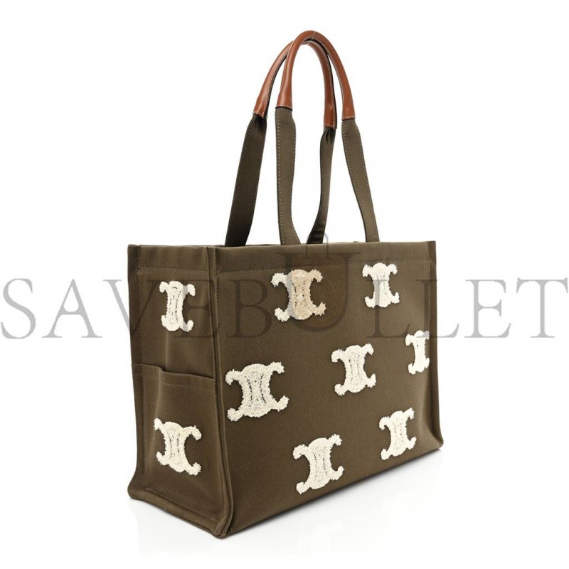 CELINE CANVAS CALFSKIN EMBROIDERED TRIOMPHE LARGE CABAS THAIS KHAKI TAN (41*29*17cm) CELINE CANVAS CALFSKIN EMBROIDERED TRIOMPHE LARGE CABAS THAIS KHAKI TAN (41*29*17cm)