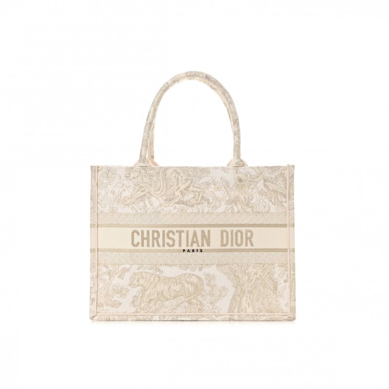 DIOR CANVAS EMBROIDERED MEDIUM DIORIVIERA TOILE DE JOUY BOOK TOTE GOLD (36*27*7cm)