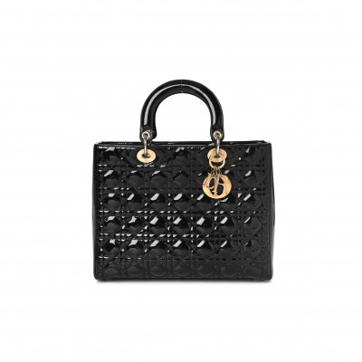 DIOR PATENT CANNAGE LARGE LADY DIOR BLACK (32*25*12.1cm)