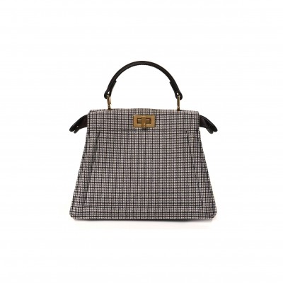 FENDI WOOL FABRIC JACQUARD CUOIO HOUNDSTOOTH FF 1974 PETITE PEEKABOO I SEE U SATCHEL GREY BLACK (20*15*11cm)