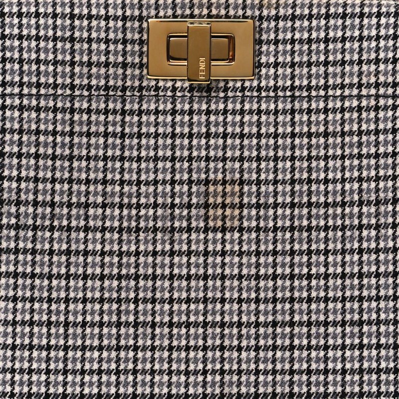 FENDI WOOL FABRIC JACQUARD CUOIO HOUNDSTOOTH FF 1974 PETITE PEEKABOO I SEE U SATCHEL GREY BLACK (20*15*11cm)