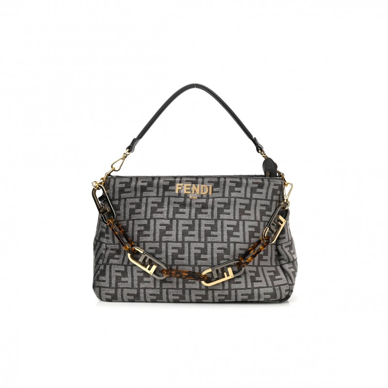 FENDI CHENILLE VITELLO SETA PLEXIGLASS FF FENDI O&#X27;LOCK ZIPPER ANTHRACITE ASFALTO (35*23*14cm)