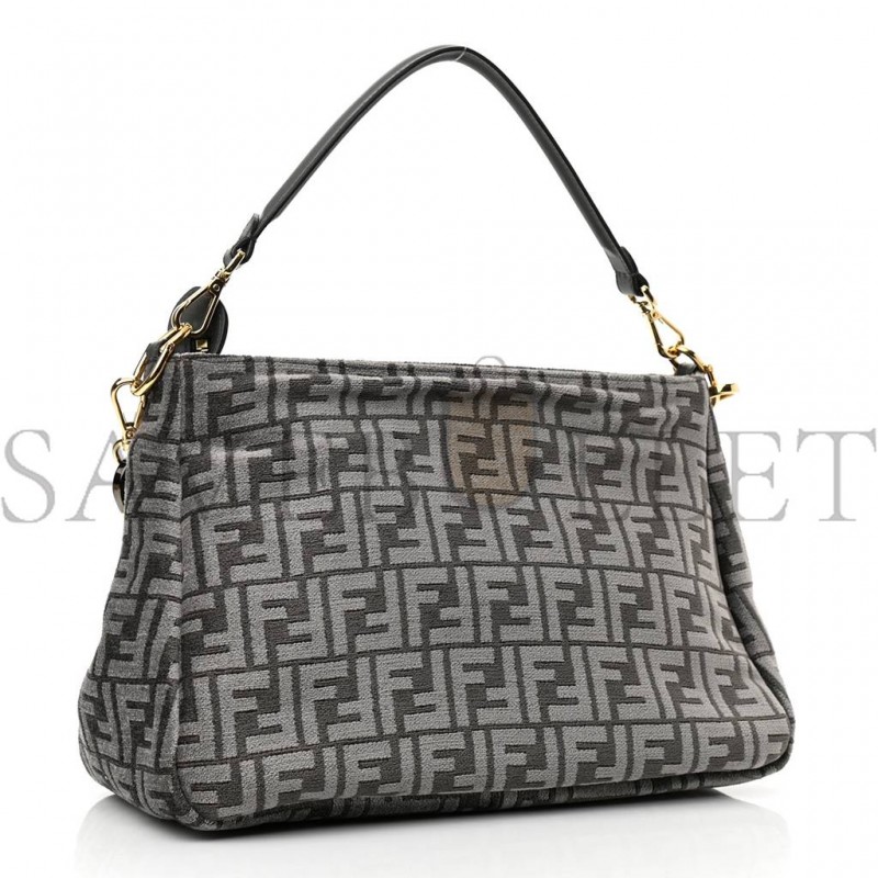 FENDI CHENILLE VITELLO SETA PLEXIGLASS FF FENDI O&#X27;LOCK ZIPPER ANTHRACITE ASFALTO (35*23*14cm)