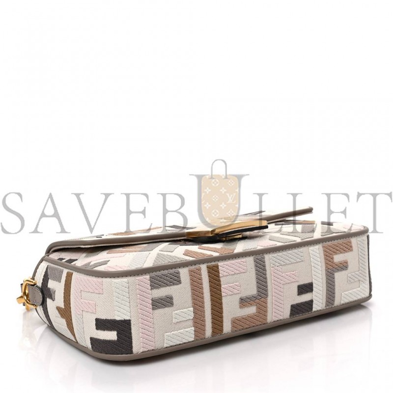 FENDI CANVAS VITELLO SETA FF MULTICOLOR EMBROIDERED BAGUETTE GREZZO MULTICOLOR TORTORA (28*16*6cm) FENDI CANVAS VITELLO SETA FF MULTICOLOR EMBROIDERED BAGUETTE GREZZO MULTICOLOR TORTORA (28*16*6cm)