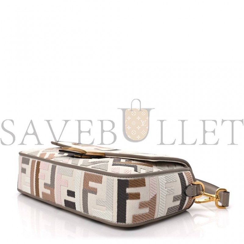 FENDI CANVAS VITELLO SETA FF MULTICOLOR EMBROIDERED BAGUETTE GREZZO MULTICOLOR TORTORA (28*16*6cm) FENDI CANVAS VITELLO SETA FF MULTICOLOR EMBROIDERED BAGUETTE GREZZO MULTICOLOR TORTORA (28*16*6cm)