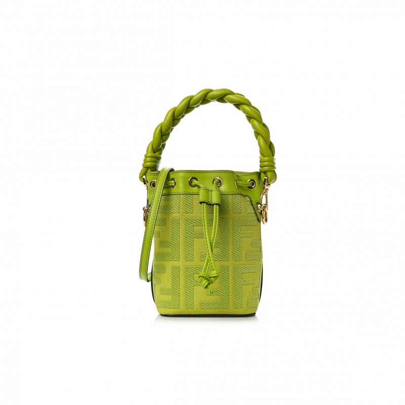 FENDI CANVAS VITELLO GRACE F IS FENDI FF EMBROIDERED MINI MON TRESOR BUCKET BAG WASABI (18*12*10cm)