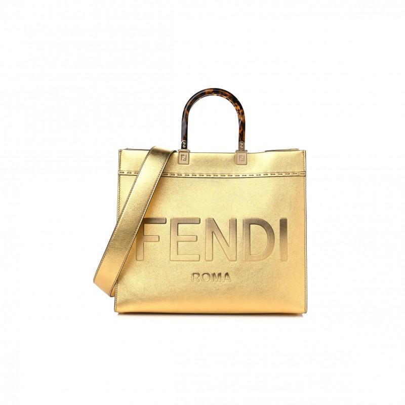 FENDI VITELLO CATALAN MIRROR PLEXIGLASS LOGO EMBOSSED MEDIUM FENDI SUNSHINE SHOPPER TOTE GOLD (36*30*14cm)